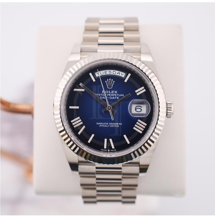 0_029058e7-9faa-4aa3-8f8d-df77e93c0d84.jpg Rolex Day-Date 40 40mm Blue Ombré Dial Fluted Bezel President Bracelet - 228239 | 2024 Model - Image 1