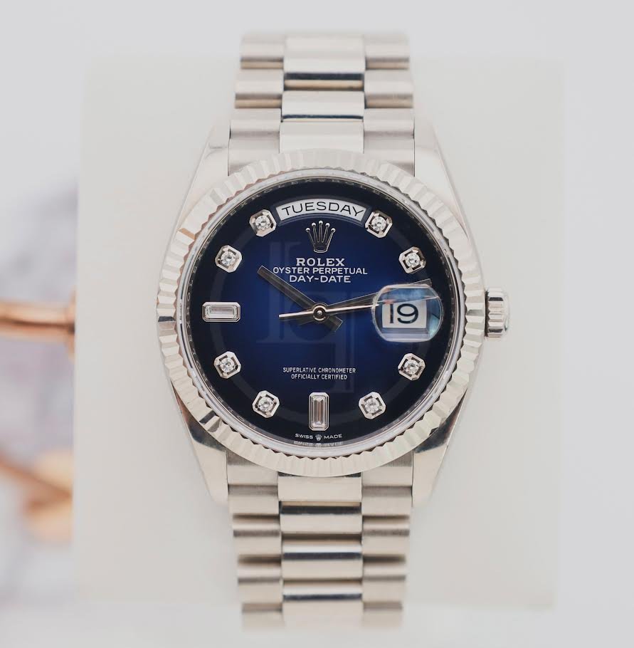 0_1c70c8d5-2db4-49d0-ab3c-0372bdb805ca.jpg Rolex Day-Date 36 White Gold Blue Ombre Diamond Dial & Fluted Bezel President Bracelet 128239 - Image 1