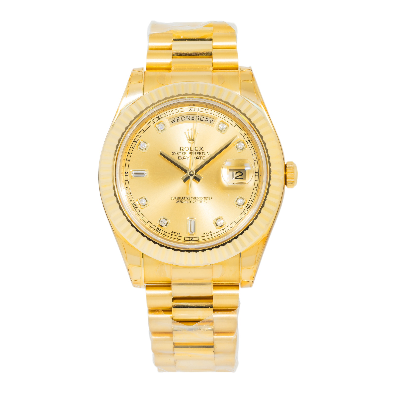 Pre-Owned-Rolex-18K-Yellow-Gold-Day-Date-II-with-Champagne-Baguette-and-Diamond-JD-Watches-NY.png Rolex 18K Yellow Gold Day Date II with Champagne Baguette and Diamond - Image 1