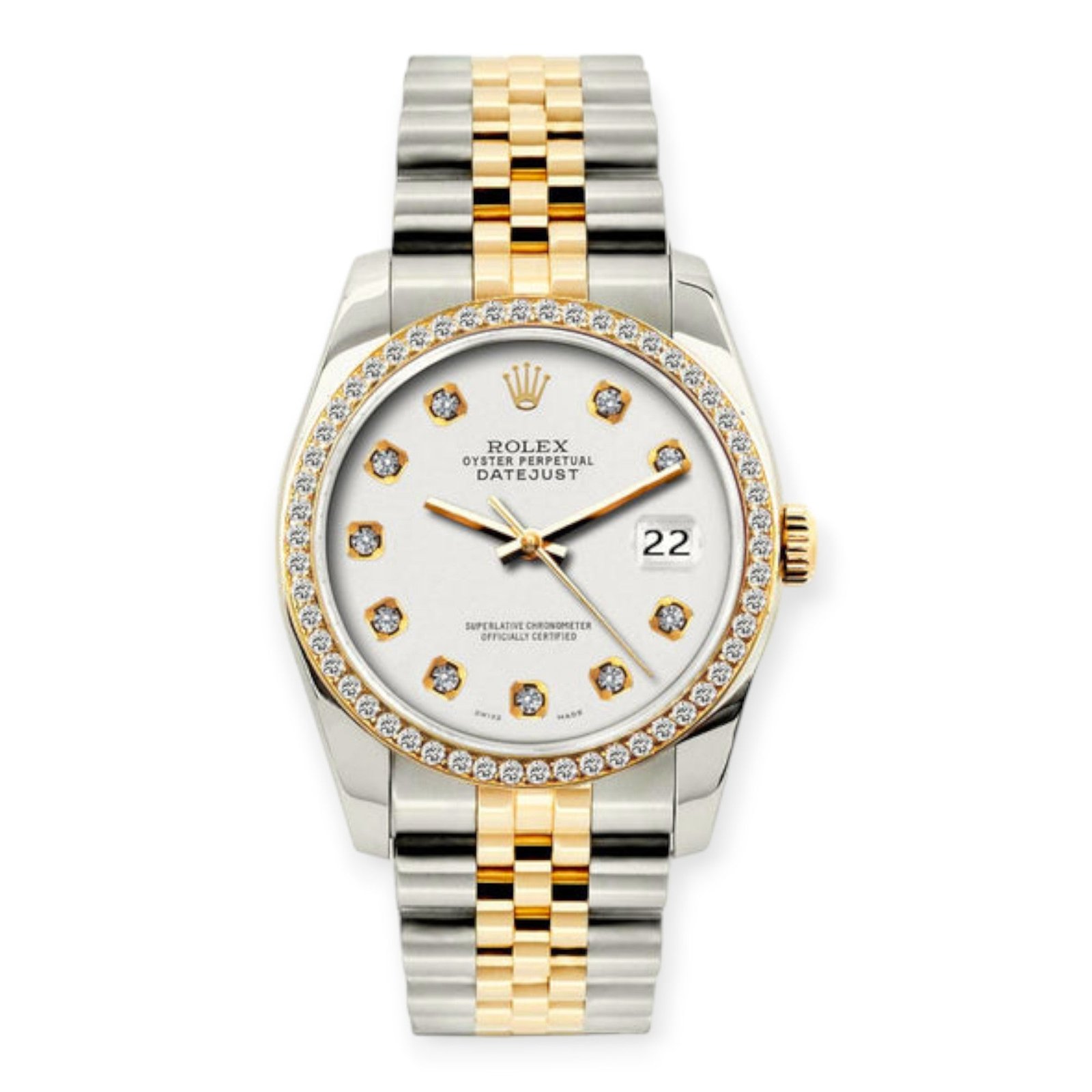 Pre-Owned-Rolex-Datejust-Diamond-Watch-36mm-Yellow-Gold-and-Stainless-Steel-Bracelet-White-Dial-w-Diamond-Bezel-JD-Watches-NY.jpg Rolex Datejust Diamond Watch, 36mm, Yellow Gold and Stainless Steel Bracelet White Dial w/ Diamond Bezel - Image 1