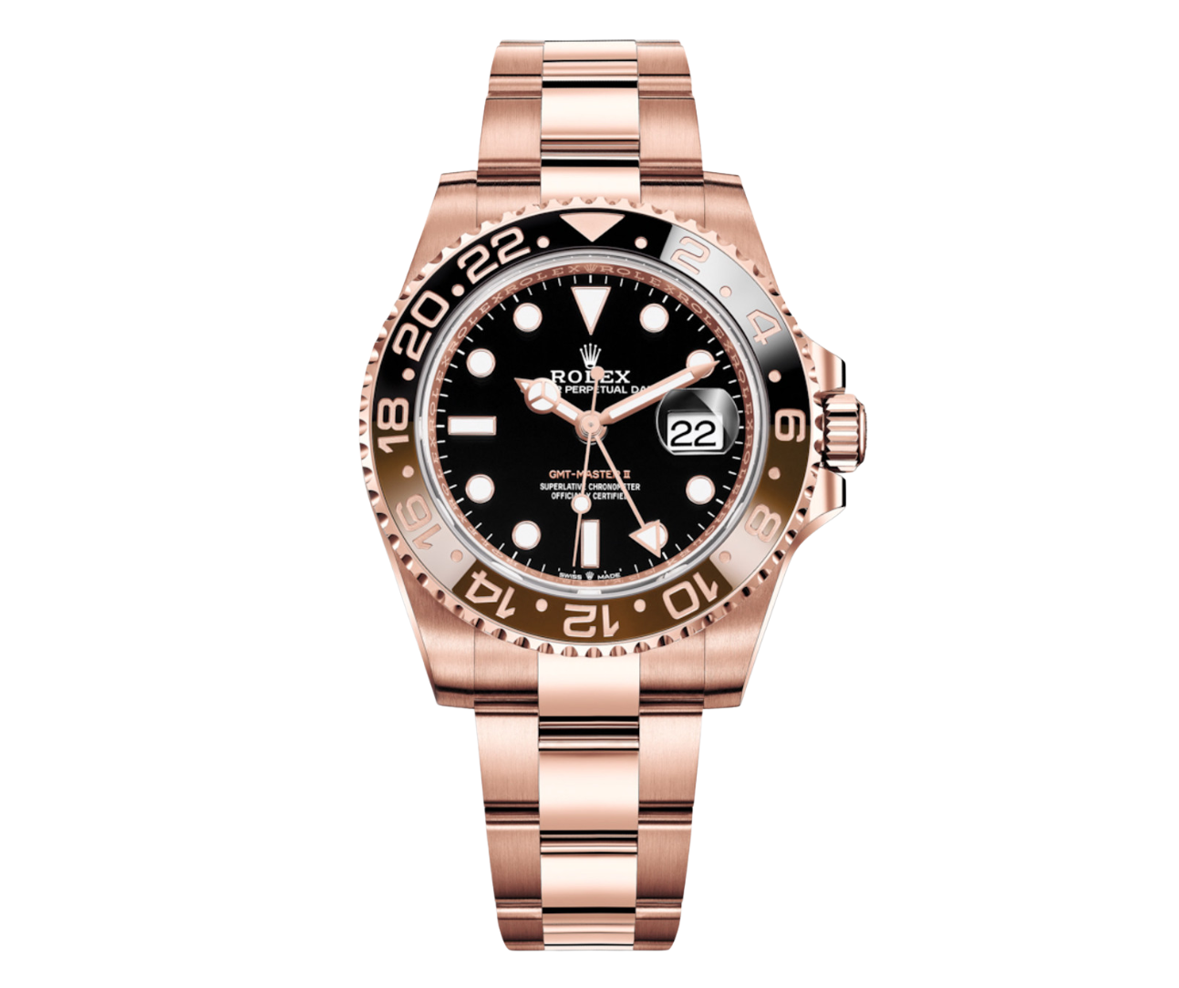 Pre-Owned-Rolex-GMT-Master-II-18k-Everose-Gold-with-Black-and-Brown-Ceramic-Bezel-and-Oyster-Bracelet-Ref_-126715CHNR-Rootbeer-JD-Watches-NY.png Rolex GMT-Master II – 18k Everose Gold with Black and Brown Ceramic Bezel and Oyster Bracelet Ref. 126715CHNR “Rootbeer” - Image 1