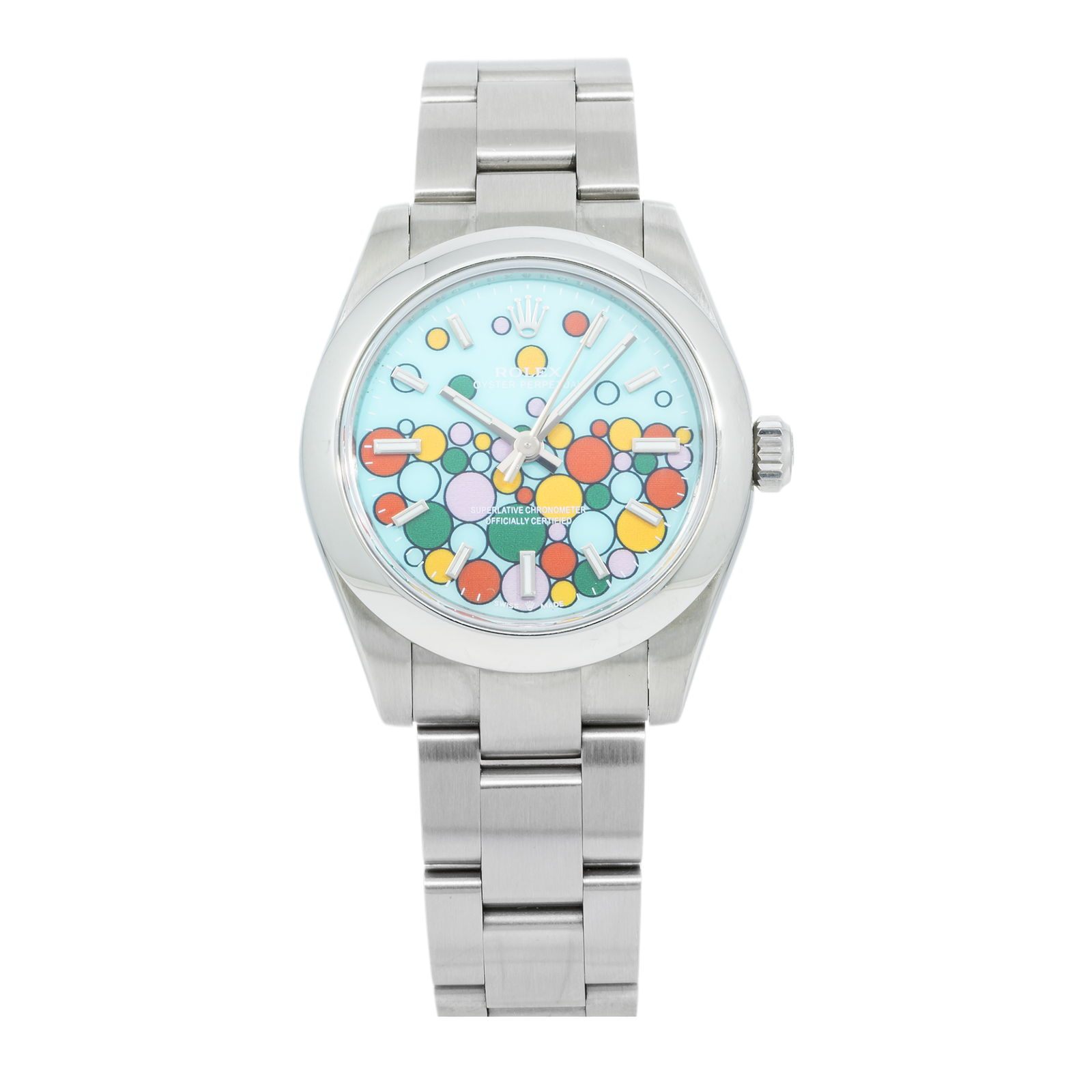 Pre-Owned-Rolex-Stainless-Steel-Oyster-177200-Perpetual-31mm-with-Custom-Celebration-Dial-with-Oyster-Bracelet-JD-Watches-NY.png Rolex Stainless Steel Oyster 177200 Perpetual 31mm with "Custom Celebration Dial" with Oyster Bracelet - Image 1