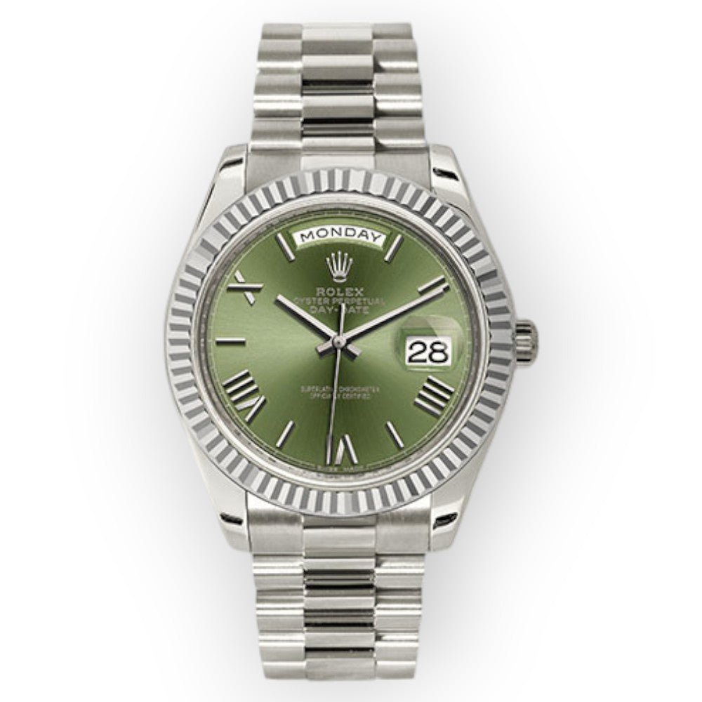 Pre-Owned-Rolex-White-Gold-Day-Date-40-Watch-Olive-Green-Roman-Dial-President-Bracelet-228239-JD-Watches-NY.jpg Rolex White Gold Day-Date 40 Watch Olive Green Roman Dial - President Bracelet 228239 - Image 1