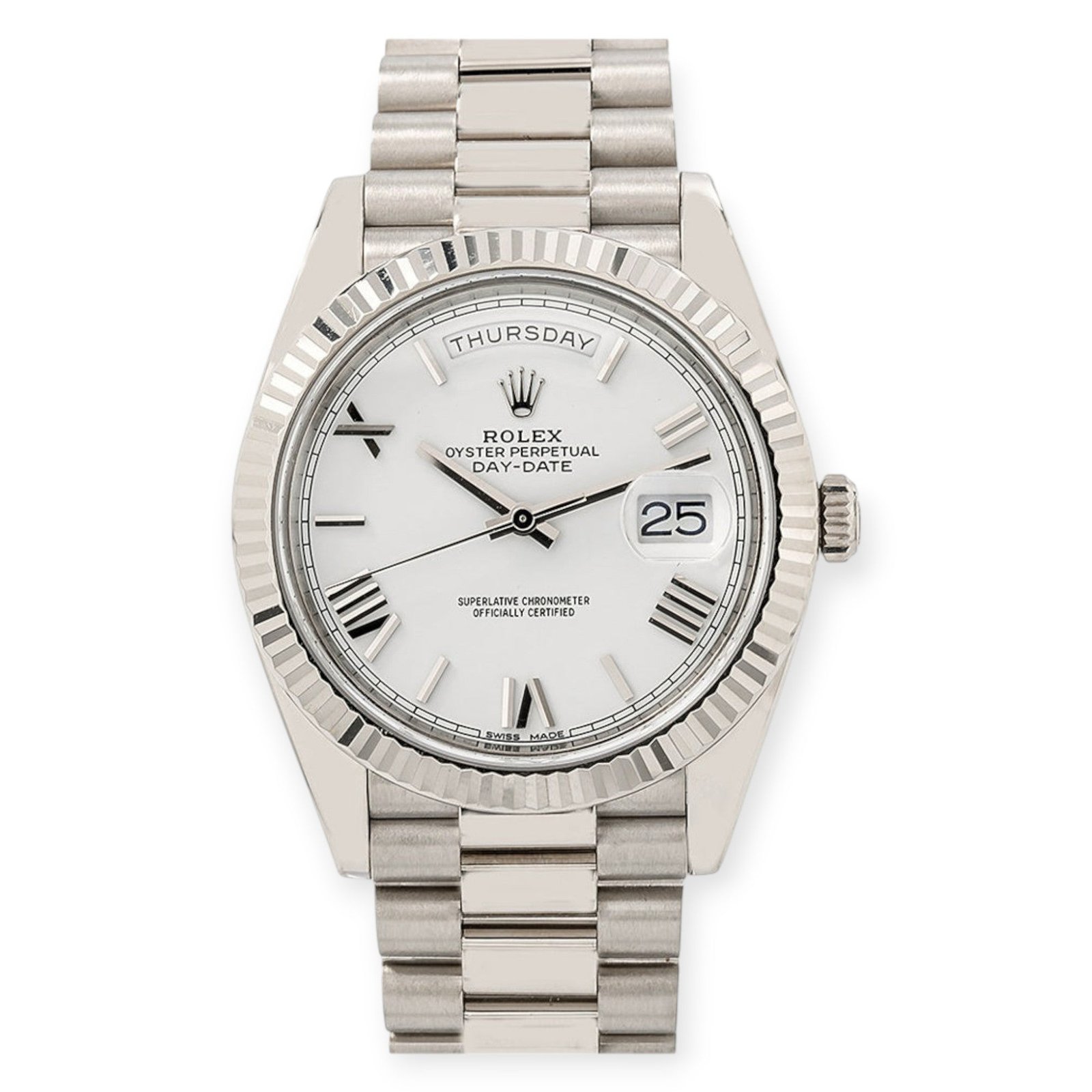 Pre-Owned-Rolex-White-Gold-Day-Date-40-Watch-White-Roman-Dial-President-Bracelet-228239-JD-Watches-NY.jpg Rolex White Gold Day-Date 40 Watch White Roman Dial - President Bracelet 228239 - Image 1