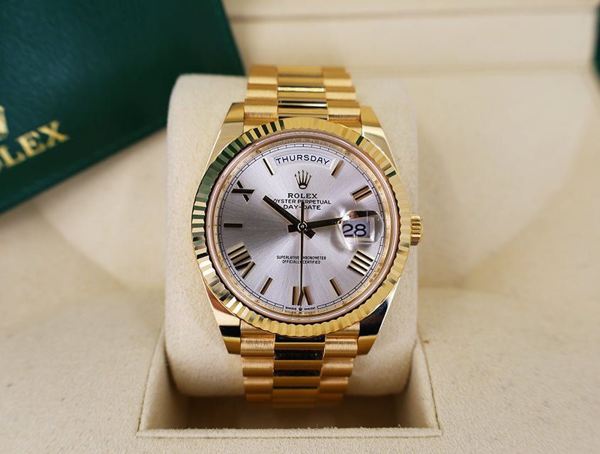 rolex-day-date-40-yellow-gold-silver-roman-dial-fluted-bezel-president-bracelet-228238-267168.jpg Rolex Day-Date 40 Yellow Gold Silver Roman Dial & Fluted Bezel President Bracelet 228238 - - Image 1