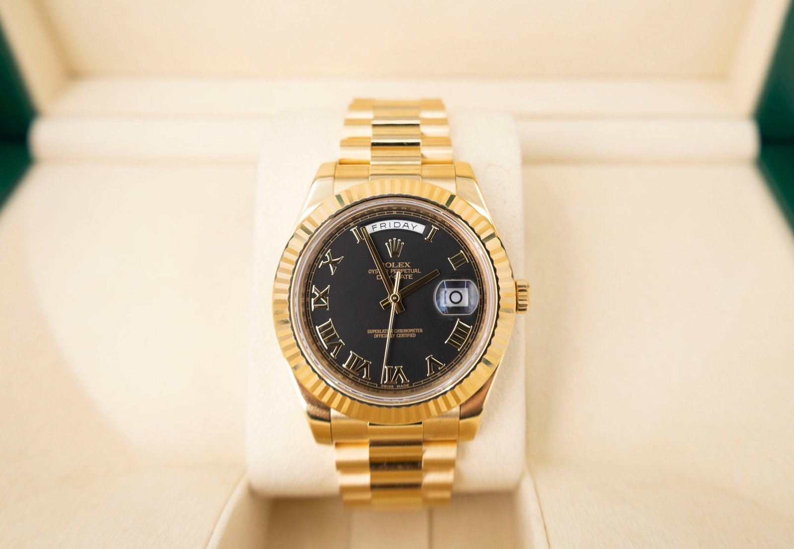 rolex-day-date-ii-yellow-gold-41mm-black-roman-fluted-president-bracelet-218238-888283.jpg Rolex Day-Date II Yellow Gold 41mm Black Roman Fluted President Bracelet 218238 - Image 1